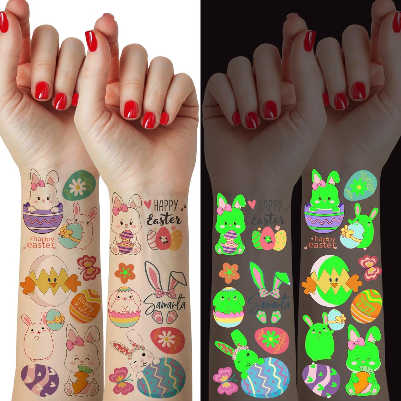 Easter Temporary Tattoos for Kids, Easter Party Supplies, Easter Decorations, 10 Sheets Glow in the Dark Bunny Egg Rabbit Flower Butterflies Stickers for Easter Basket Stuffers Egg Fillers Gift